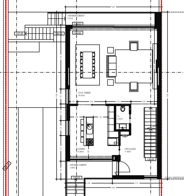 Detalhe da planta do piso 0 com sala comum, cozinha com ilha, instalação sanitária e varandas cobertas