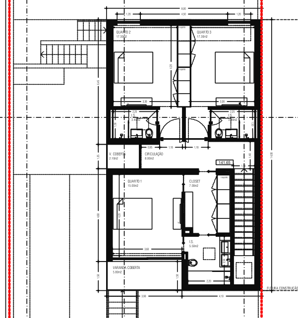 Detalhe da planta do piso 1 com três quartos, cada um com casa de banho, e closet na suíte principal