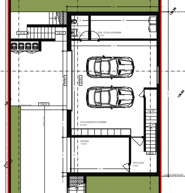 Detalhe da planta do piso -1 com garagem para dois carros, arrumos, instalação sanitária e zona técnica/lavandaria